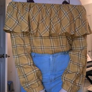 off the shoulder plaid fall long sleeve blouse top